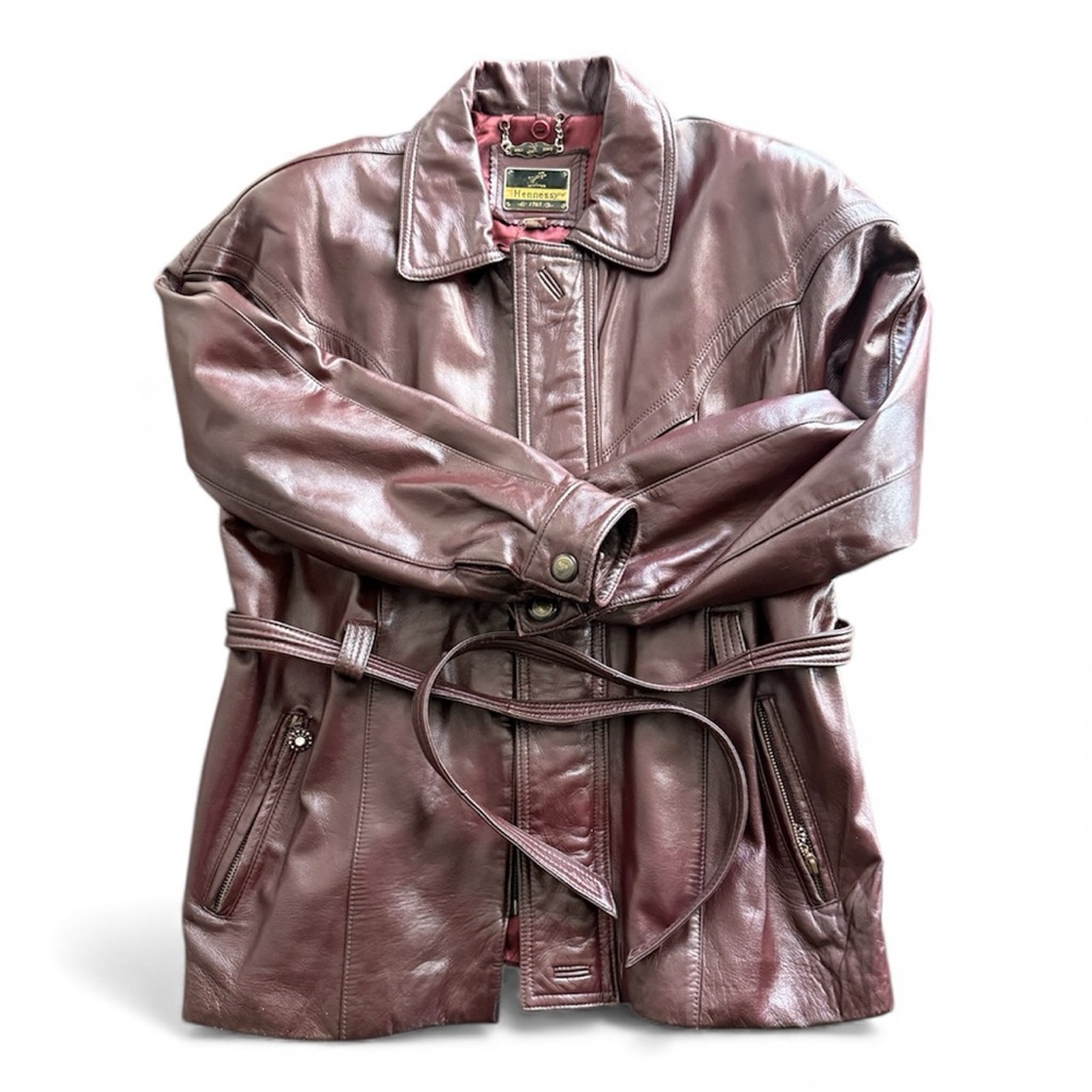 Hennessy 1765 Vintage Burgundy Leather Jacket with Belt
